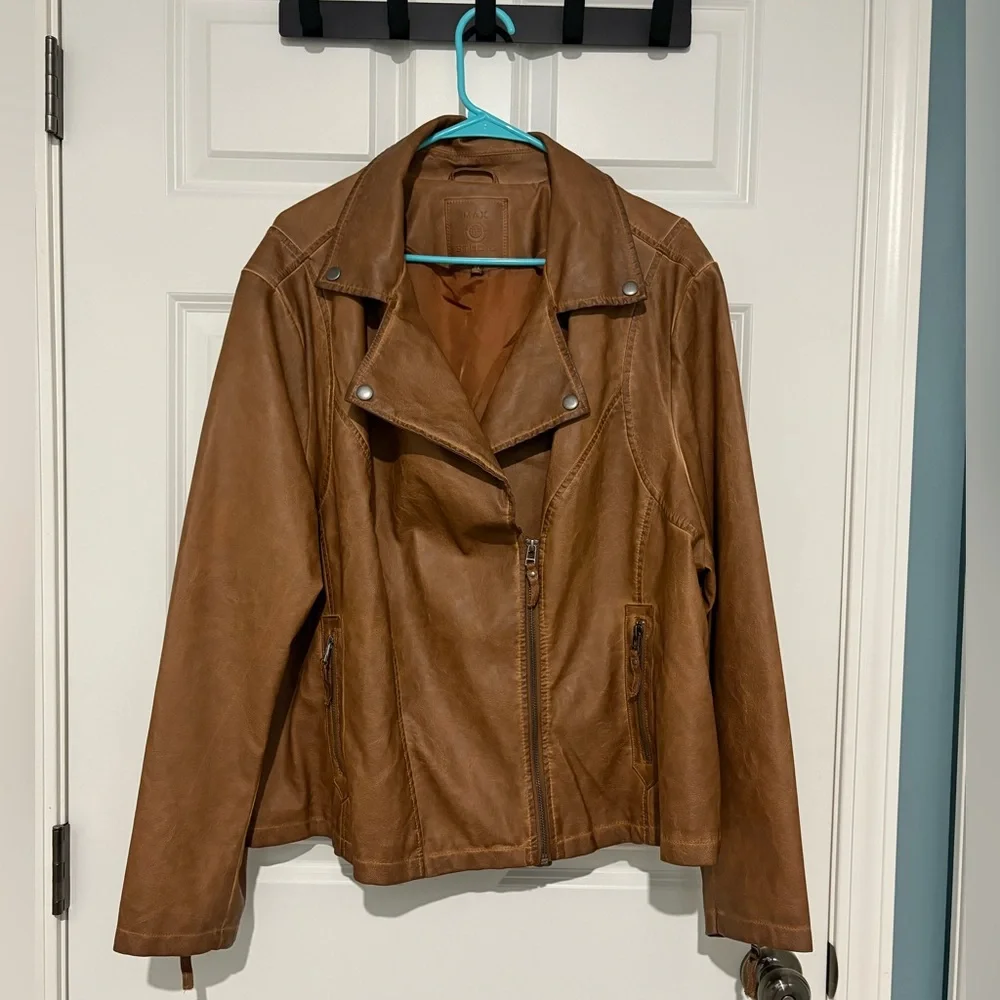 Max Studio Brown Faux Leather Moto Jacket Asymmetrical Zipper - Picture 1 of 8